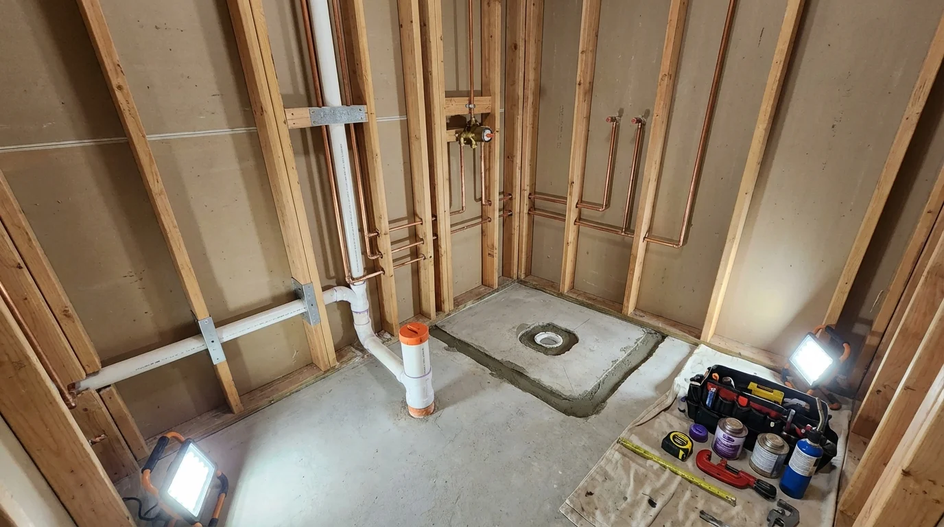 Bathroom rough-in plumbing during remodel by Johns Plumbing LLC in Blue Bell