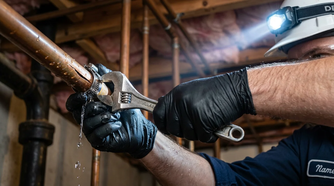 Emergency pipe clamp repair being performed by a Johns Plumbing LLC plumber in Blue Bell