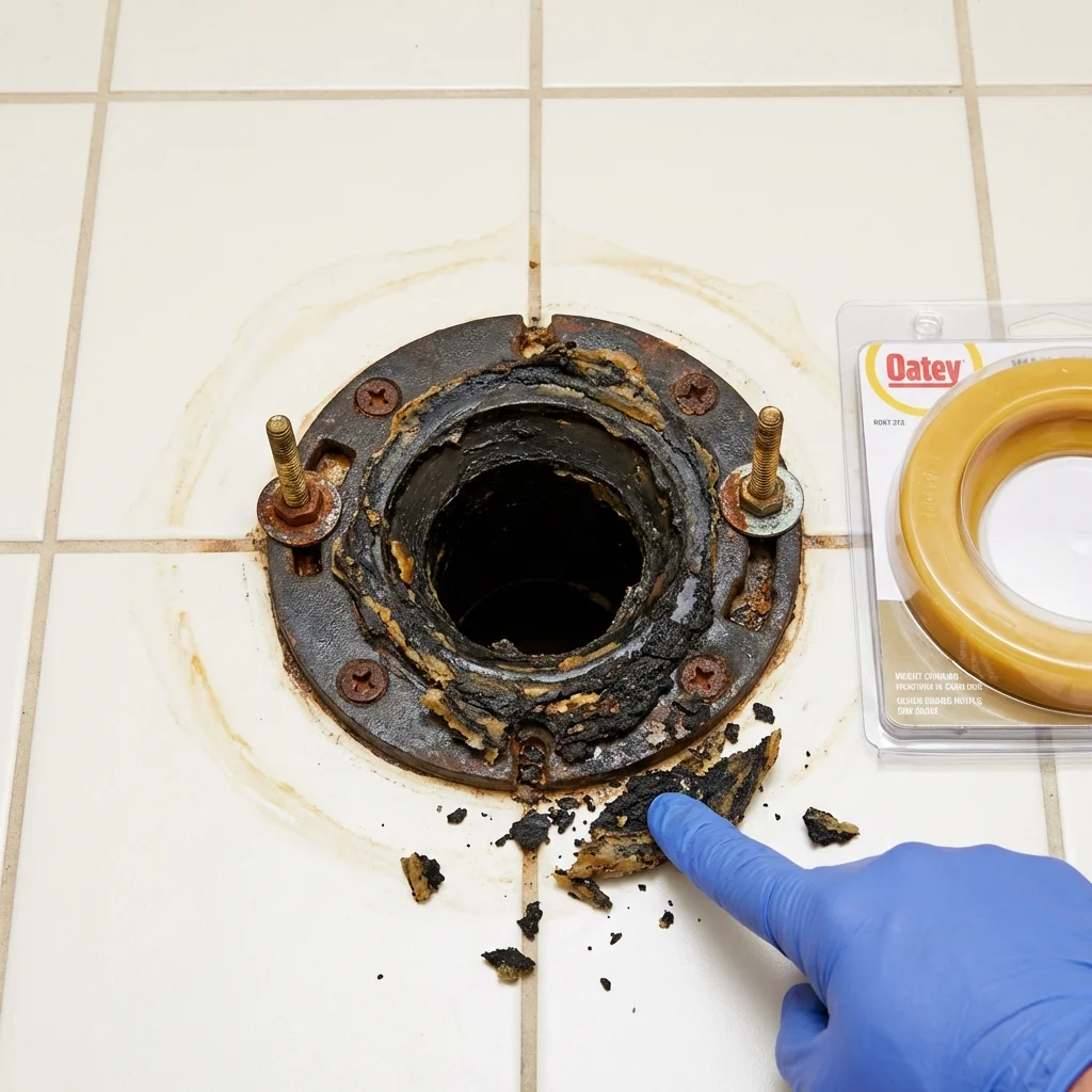 Failed wax ring showing water seepage at the base of a toilet in a Blue Bell, PA home