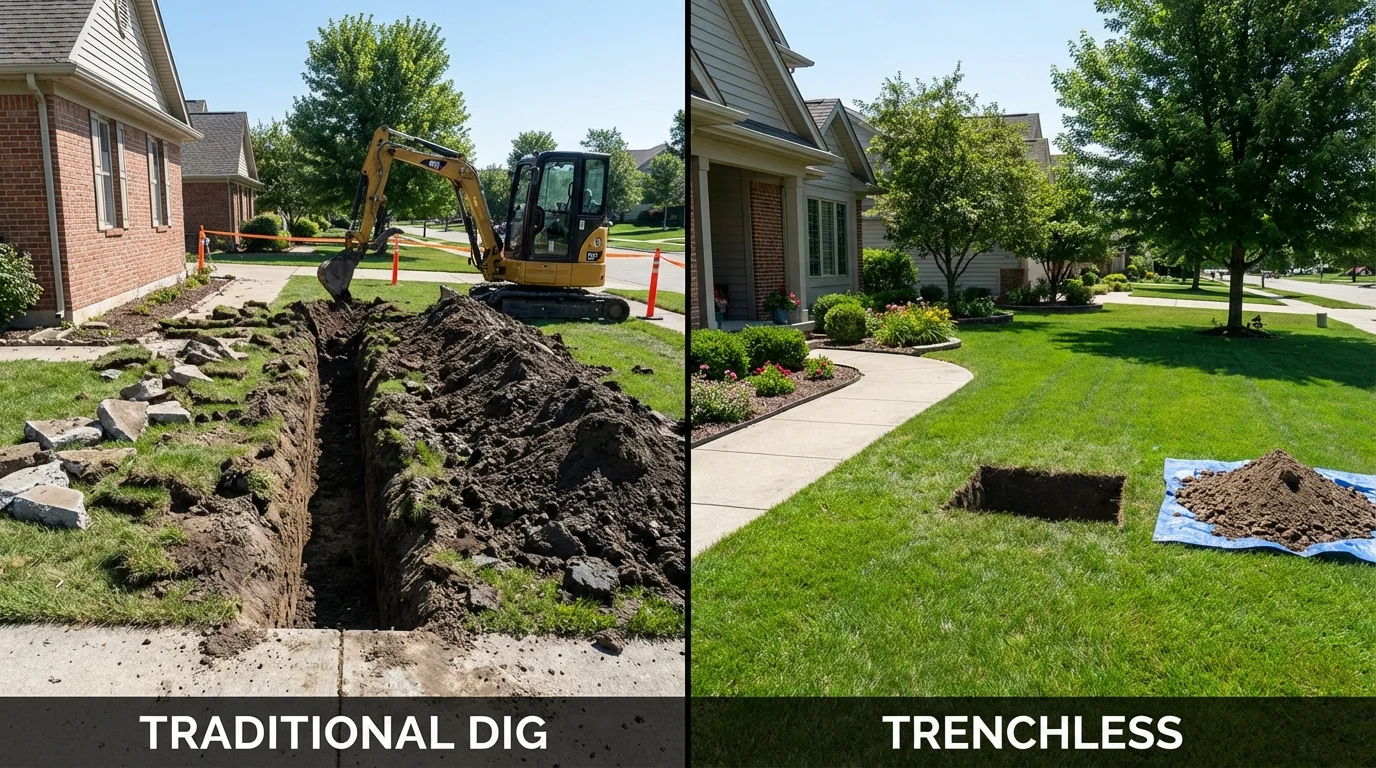 Trenchless sewer repair with minimal yard damage versus traditional excavation in Blue Bell, PA