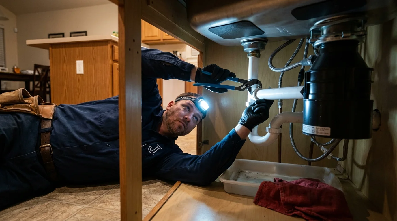 P-trap and supply line connections under a kitchen sink showing a common leak point in Blue Bell, PA